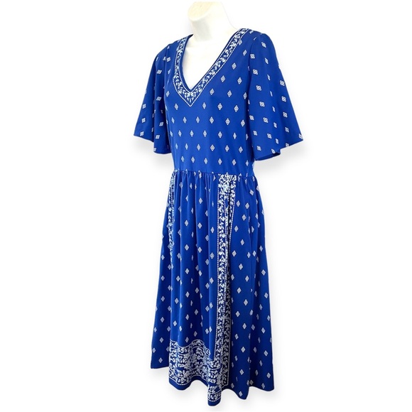 Vintage Alfred Shaheen Signed Blue White Spring Summer Midi Dress Size 12 (4/6) - Picture 2 of 15
